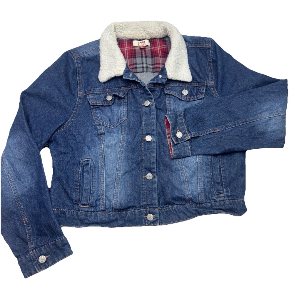 y2k L.E.I. Sherpa trim denim Jean jacket Plaid Accents Juniors Size XL festival